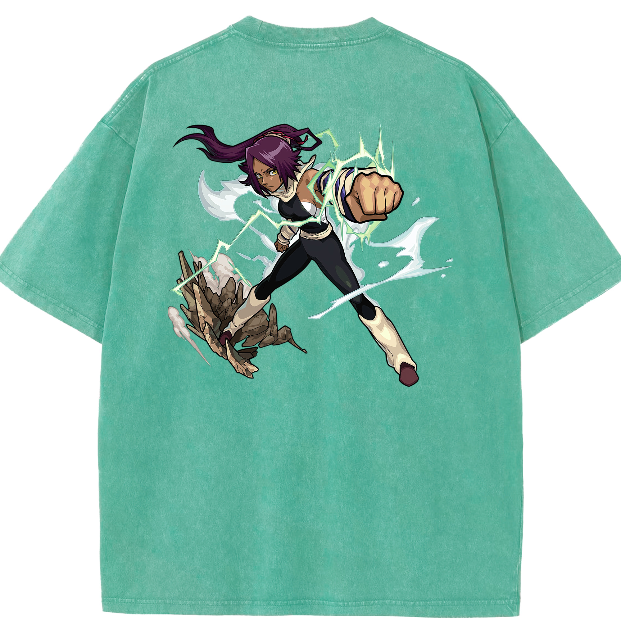 （画像用） ブリーチ 四楓院 夜一（しほういん よるいち） BLEACH Shihouin Yoruichi 綿100% ヴィンテージ風 半袖Tシャツ（背面プリント）